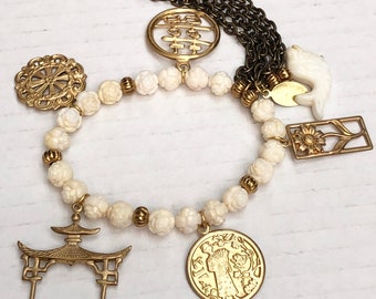 Koi Fish Golden Charm Chain Tassel Stretch Bracelet