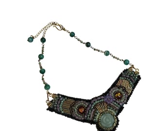 Contemporary Hand Beaded Leather? Backed Necklace With Glass Beads And Chain