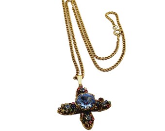 Vintage Jeweled Glass Cross Necklace (A539)