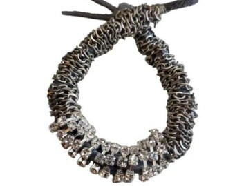 Vintage Signed NOS Bee Charming Chain Suede Rhinestone Roll Bracelet (A942)