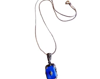 Antique Blue Glass Art Deco Sterling & Diamond Pendant Necklace (A1513)
