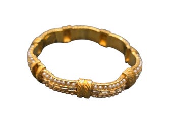 Vintage 80s Signed DeNicola Gilt Hinged Bangle Bracelet With Pearls & Rhinestones