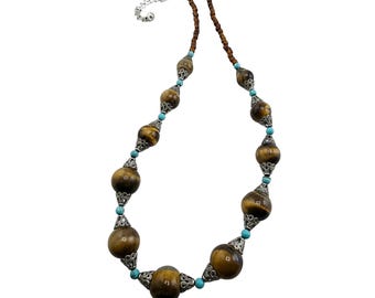Vintage Tiger Eye & Turquoise Beaded Necklace (A8081)