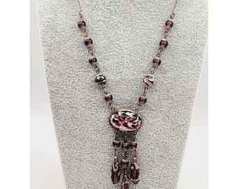 Antique Are Deco Purple Czech Glass & Wedding Cake Dangle Pendant Necklace A473