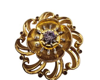 Antique Rare Heavy 40s Dimensional Cast Rhinestone Huge Flower Brooch (A8892)