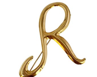 Vintage 18K Gold Letter R Brooch Monogram Pin Design (A5530)