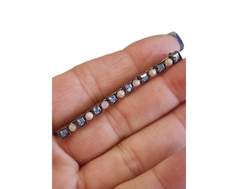 Antique Silver-Tone Bar Pin With Blue Rhinestones & Faux Pearls (A2590)