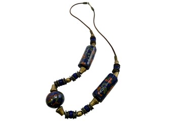 Vintage 70's Blue Ceramic Beaded Necklace (A8237)