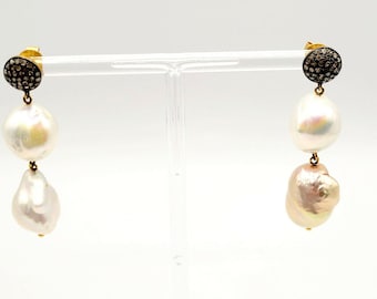 VTG Antique Diamond Pave Natural Baroque Huge Blister Pearl 14kt Gold Earrings