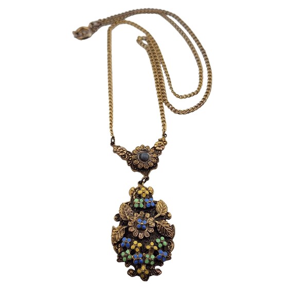 Antique Brass & Enamel Floral Pendant Necklace (A… - image 3