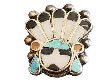Vintage Zuni Knifewing Sterling Sun God Inlaid Signed RTT Brooch (A2142)