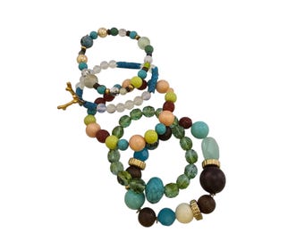 Vintage NOS Bee Charming 5-Strand Crystal Cloisonne Glass Wood Beaded Bracelet