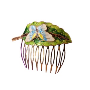 Vintage Enameled Leave & Butterfly Brass Hair Comb (A2014)