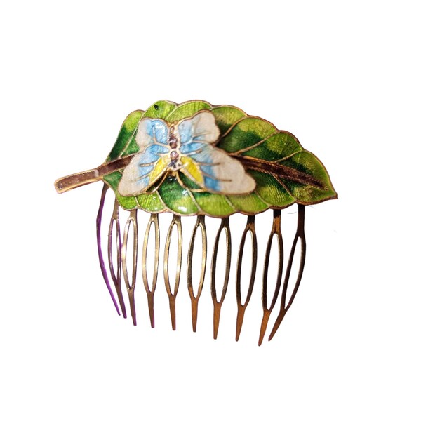 Pettine per capelli vintage in ottone con foglie smaltate e farfalla (A2014)
