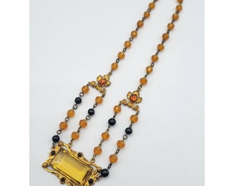 Vintage Art Deco Czech Black and Citrine Glass Pendant Necklace Estate