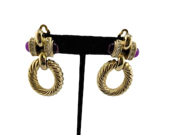 Vintage 80s 2-Tone Purple Mogul Rhinestone Twisted Gold-Plated Hoop Earrings