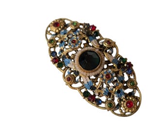 Antique Exceptional Czech Enamel Brass & Stone Brooch (A9015)