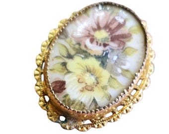 Vintage 60s Adjustable Flower Porcelain Ring (A2596)