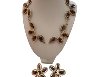 Vintage Purple Glass Collar Necklace & Clip Earrings (A5389)