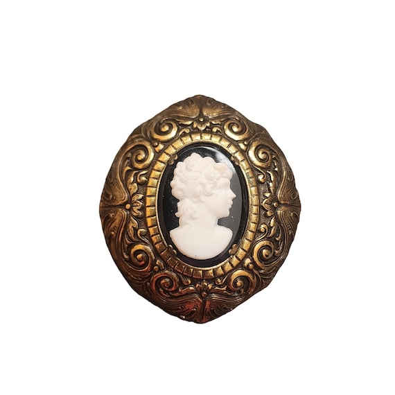 Antique Glass Cameo & Raised Relief Brass Fur Cli… - image 1