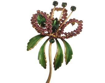 Vintage Amazing Rhinestone & Enamel Flower Brooch (A3892)