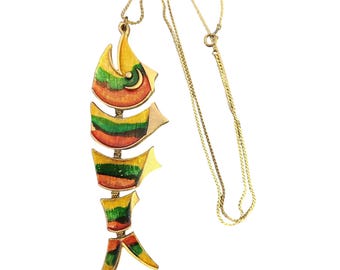 Vintage Rare MCM Articulating Metallic Enamel Fish Pendant Necklace (A5714)