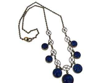 Antique Art Deco Signed Germany Lapis Blue/Glass Dangle Necklace (A9126)