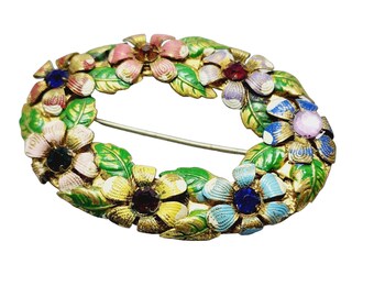 Vintage Enameled Flower Rhinestone Czech Brooch (A1120)