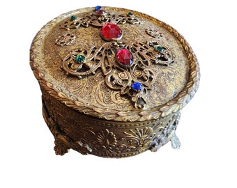 Antique Footed Gilt Bronze Jeweled Velvet Lined Trinket Box (A1717)