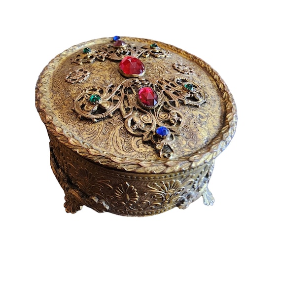 Antique Footed Gilt Bronze Jeweled Velvet Lined Trinket Box (A1717)