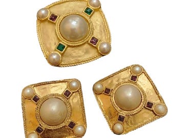 Vintage 80s Matte Gold & Pearl Brooch Set (A2531)