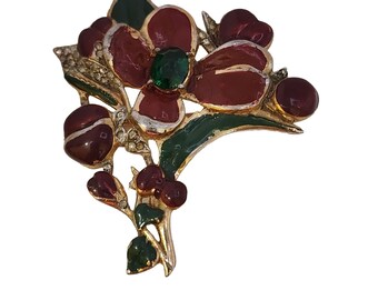 Vintage Enamel & Glass Pave Rhinestone Floral Brooch (A3656)