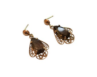 Antique 14kt Gold Filigree Pierced Earrings with Tourmaline Stone (A7748)