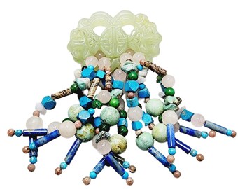 Beautiful Artisan Carved Jade & Semi Precious Stones Brooch (A1323)
