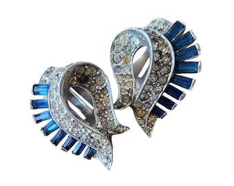 Signed Jomaz Rhodium Plated Clip Earrings with Blue Baguettes and Rhinestones