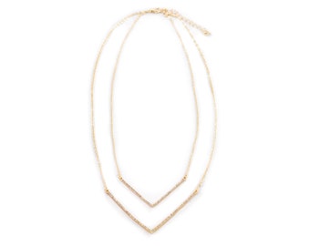Delicate dainty trendy rhinestone reversible double V necklace gold or silver