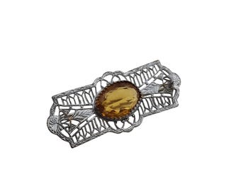 Vintage Rhodium Plated Filigree & Glass Brooch (A3482)