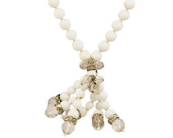 Vintage Milk Glass Wired Crystal Tassel Necklace (A557)