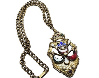 Vintage Enameled & Jeweled Heraldic Shield Pendant Necklace (A1076)