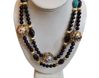 Vintage Signed Glass And Cloisonne Beautiful Double Strand Necklace (A9425)