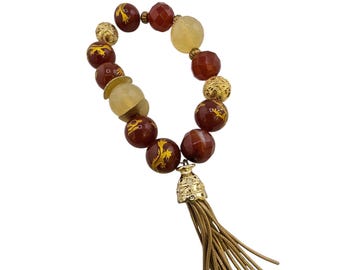 Vintage NOS Bee Charming Carnelian Dragon Beaded Stretch Bracelet with Tassel