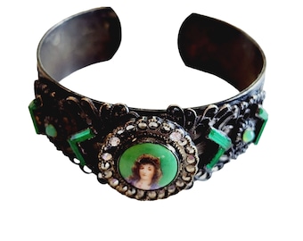 Antique Czech Painted Porcelain Cuff Bracelet (A1696)