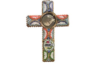 Antique Micro Mosaic Roma Pope Cross Pendant (A8565)