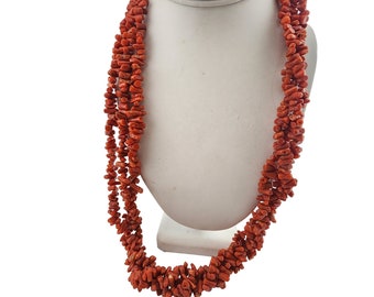 Vintage Branch Coral Triple Strand with 800 Silver Clasp & Gold Vermeil Necklace