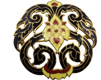Vintage Enamel Over Bronze Brooch With Ornate Floral Design (A1770)