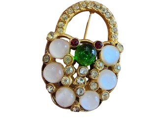 Vintage Glass Moonstone Lock Brooch (A1604)