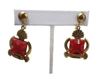 Vintage Art Deco Molded Glass & Brass Screw Back Clip Earrings (A2778)