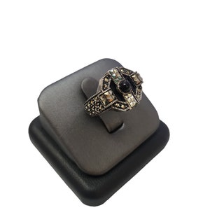 Vintage Ring Größe 7 von Judith Jack Sterling Onyx & Markasiten im Art Deco Stil