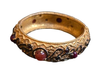 Vintage Signed Castlecliff Etruscan Enameled Jeweled Bangle Bracelet (A9466)