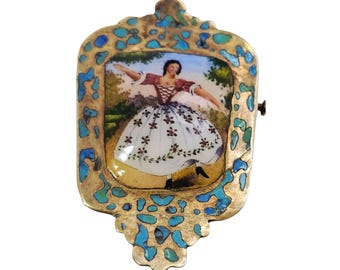 Antique TWS 800 Silver Enamel Lady Brooch (A8659)
